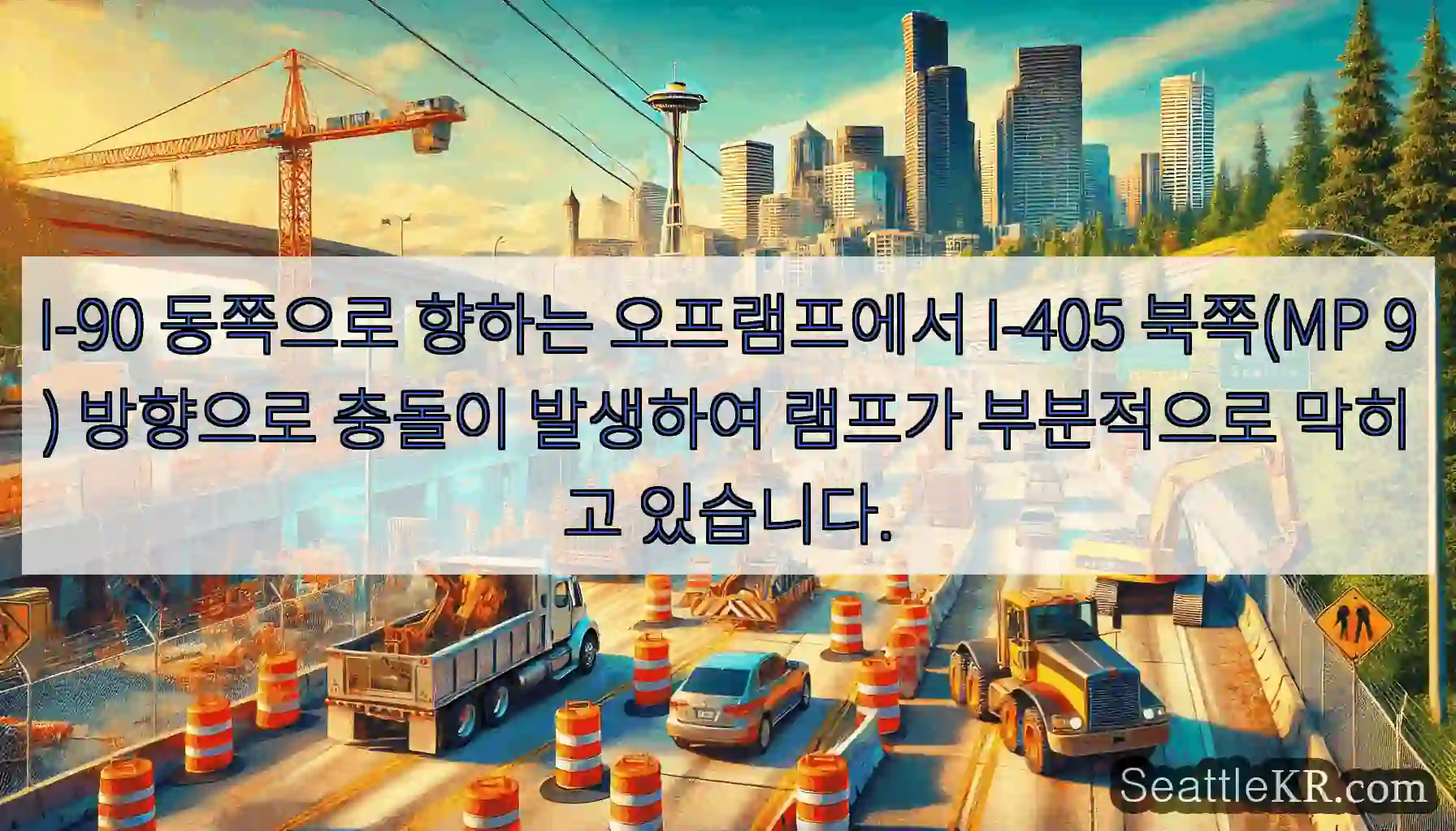 I-90 동쪽으로 향하는 오프램프에서 I-405 북쪽(MP 9) 방향으로 충돌이 발생하여