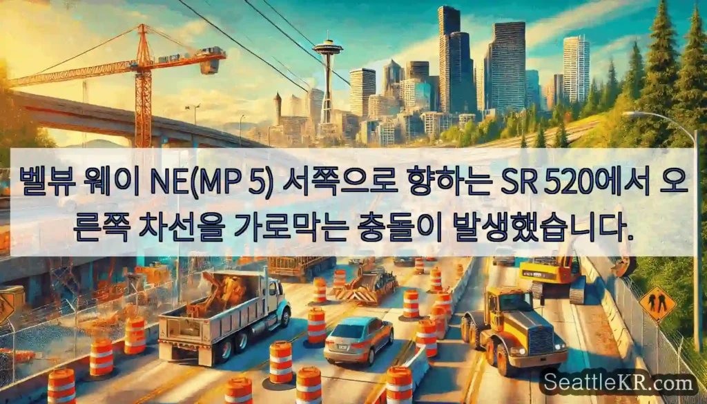 벨뷰 웨이 NE(MP 5) 서쪽으로 향하는 SR 520에서 오른쪽 차선을 가로막는 충돌이