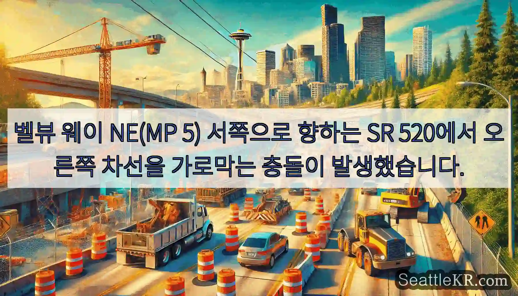 벨뷰 웨이 NE(MP 5) 서쪽으로 향하는 SR 520에서 오른쪽 차선을 가로막는 충돌이
