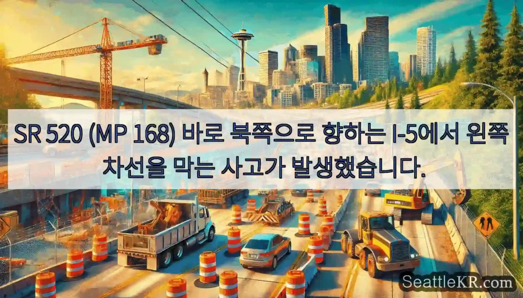 SR 520 (MP 168) 바로 북쪽으로 향하는 I-5에서 왼쪽 차선을 막는 사고가