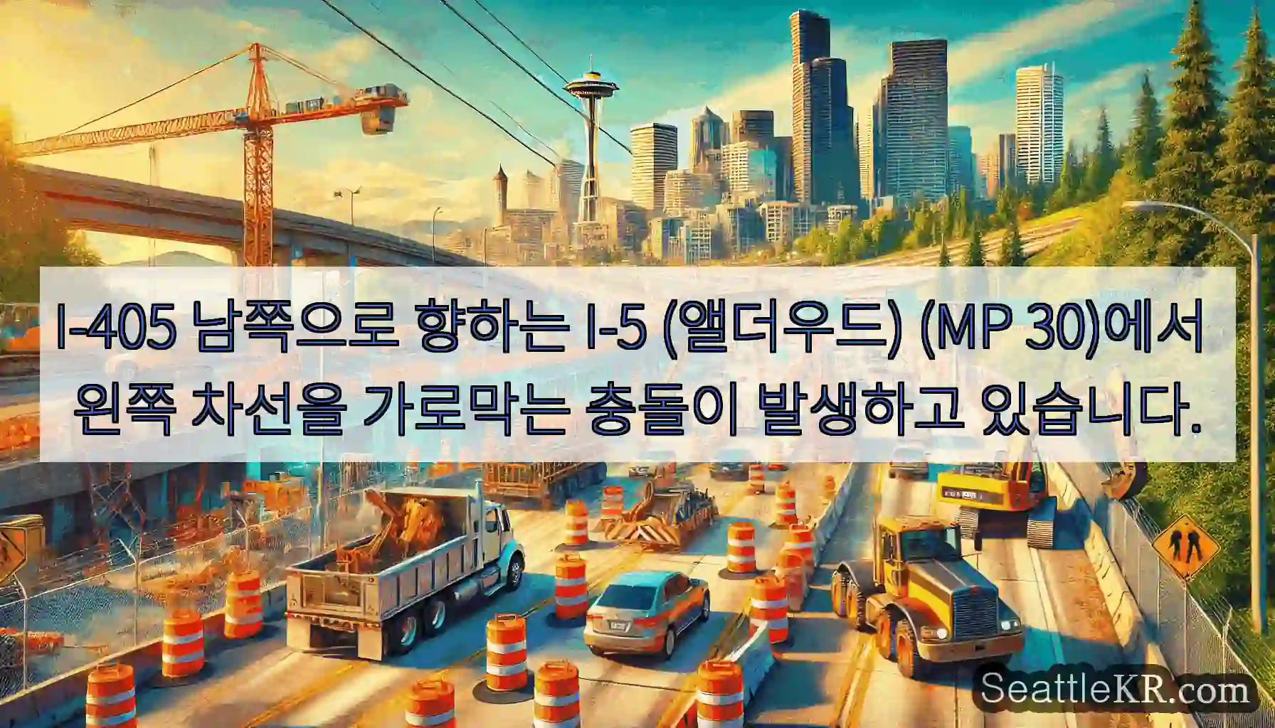 I-405 남쪽으로 향하는 I-5 (앨더우드) (MP 30)에서 왼쪽 차선을 가로막는