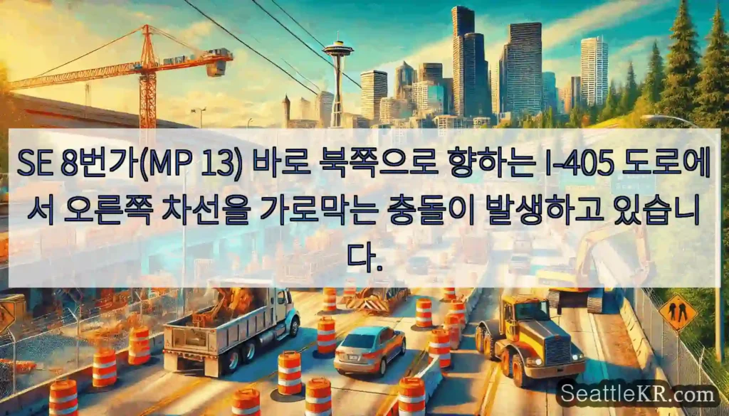 SE 8번가(MP 13) 바로 북쪽으로 향하는 I-405 도로에서 오른쪽 차선을 가로막는