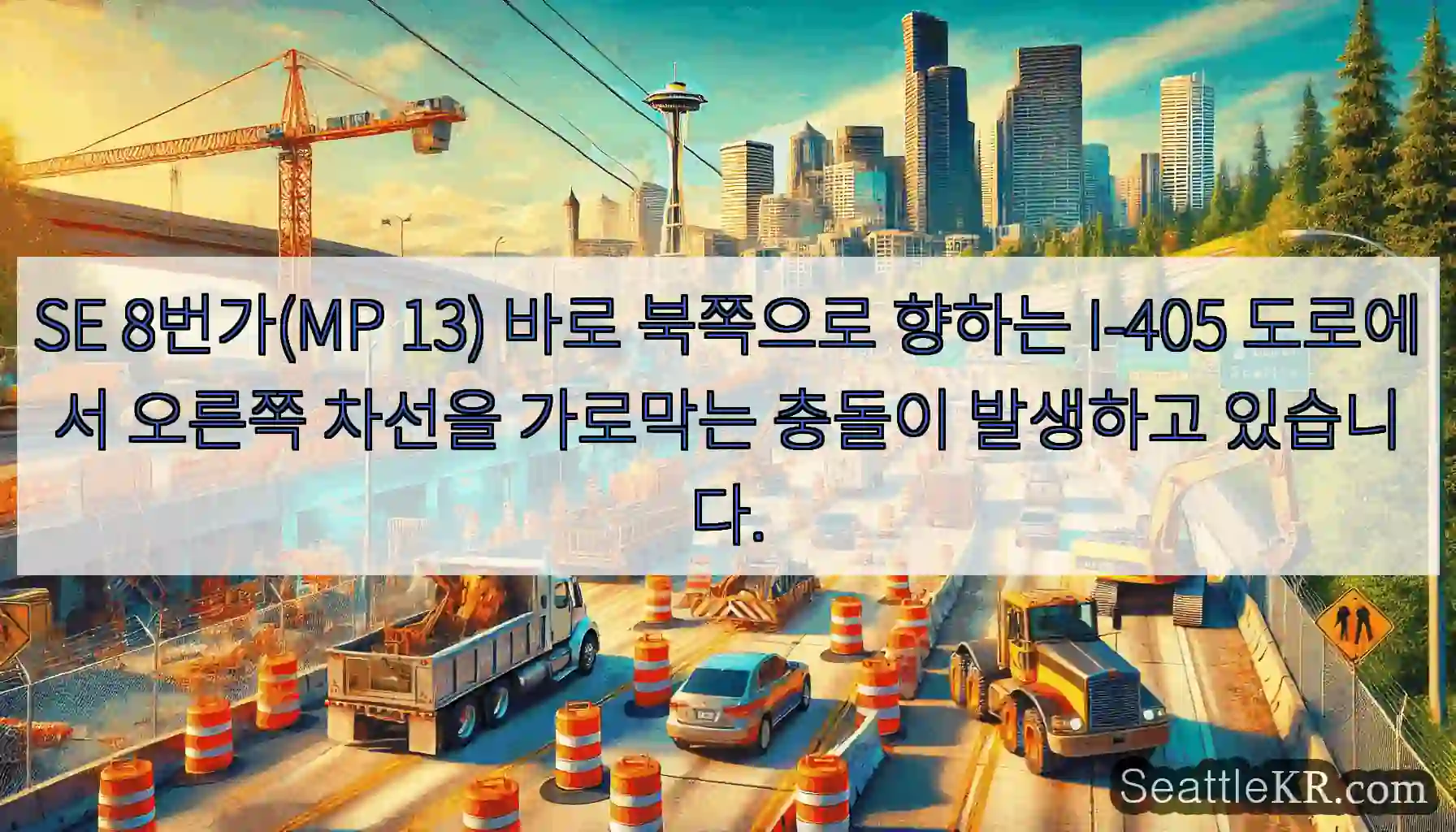 SE 8번가(MP 13) 바로 북쪽으로 향하는 I-405 도로에서 오른쪽 차선을 가로막는