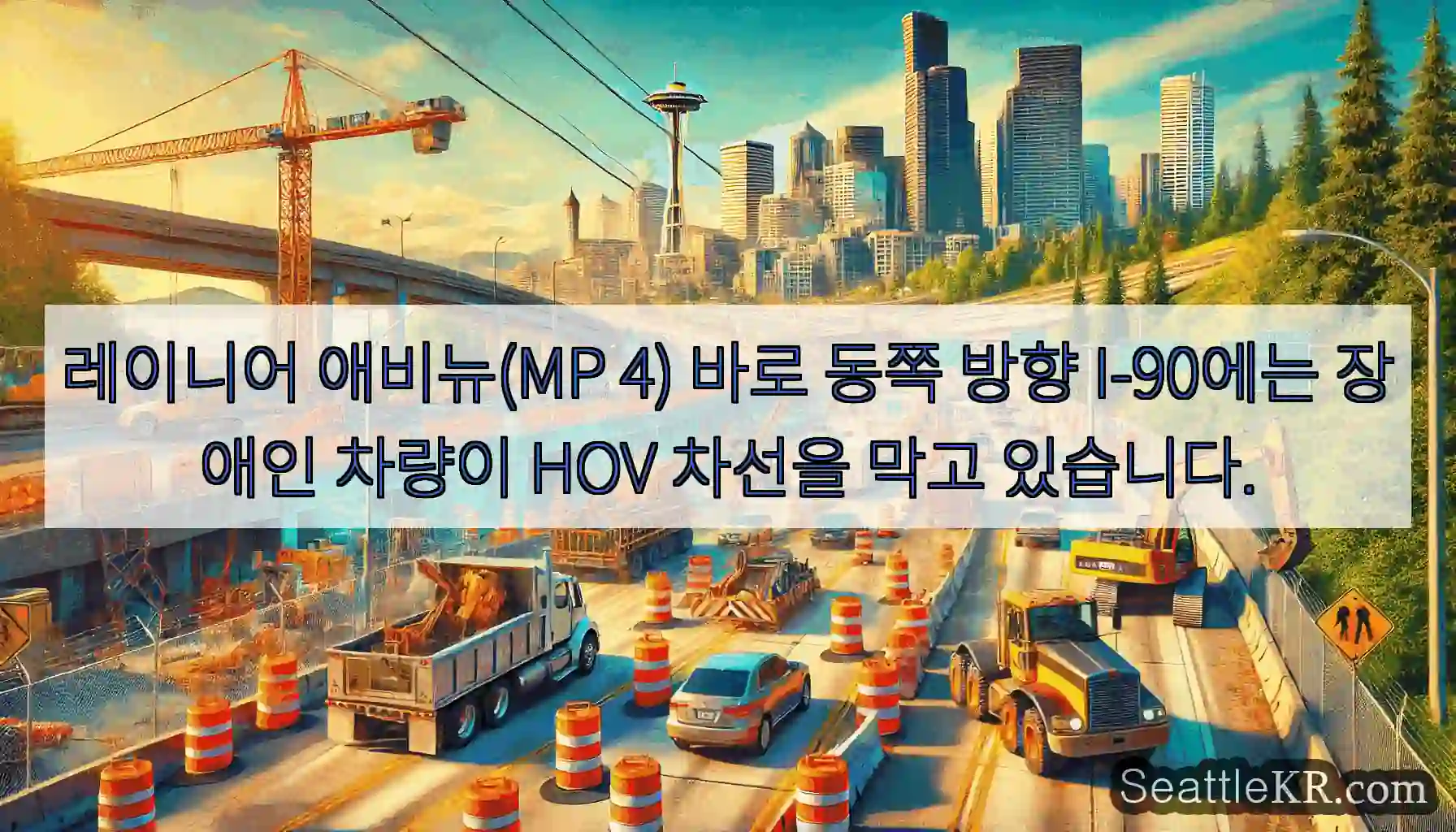 레이니어 애비뉴(MP 4) 바로 동쪽 방향 I-90에는 장애인 차량이 HOV 차선을 막고