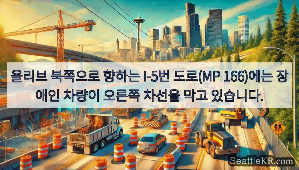 올리브 북쪽으로 향하는 I-5번 도로(MP 166)에는 장애인 차량이 오른쪽 차선을 막고