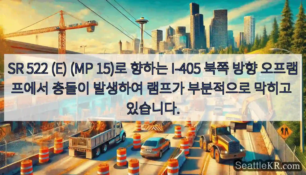 SR 522 (E) (MP 15)로 향하는 I-405 북쪽 방향 오프램프에서 충돌이