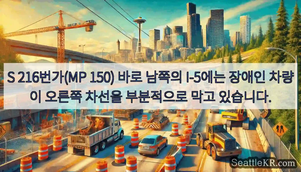 S 216번가(MP 150) 바로 남쪽의 I-5에는 장애인 차량이 오른쪽 차선을