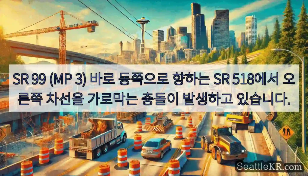 SR 99 (MP 3) 바로 동쪽으로 향하는 SR 518에서 오른쪽 차선을 가로막는