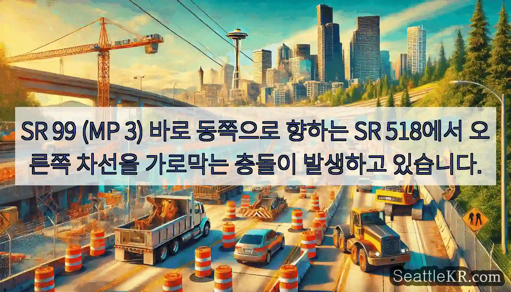SR 99 (MP 3) 바로 동쪽으로 향하는 SR 518에서 오른쪽 차선을 가로막는