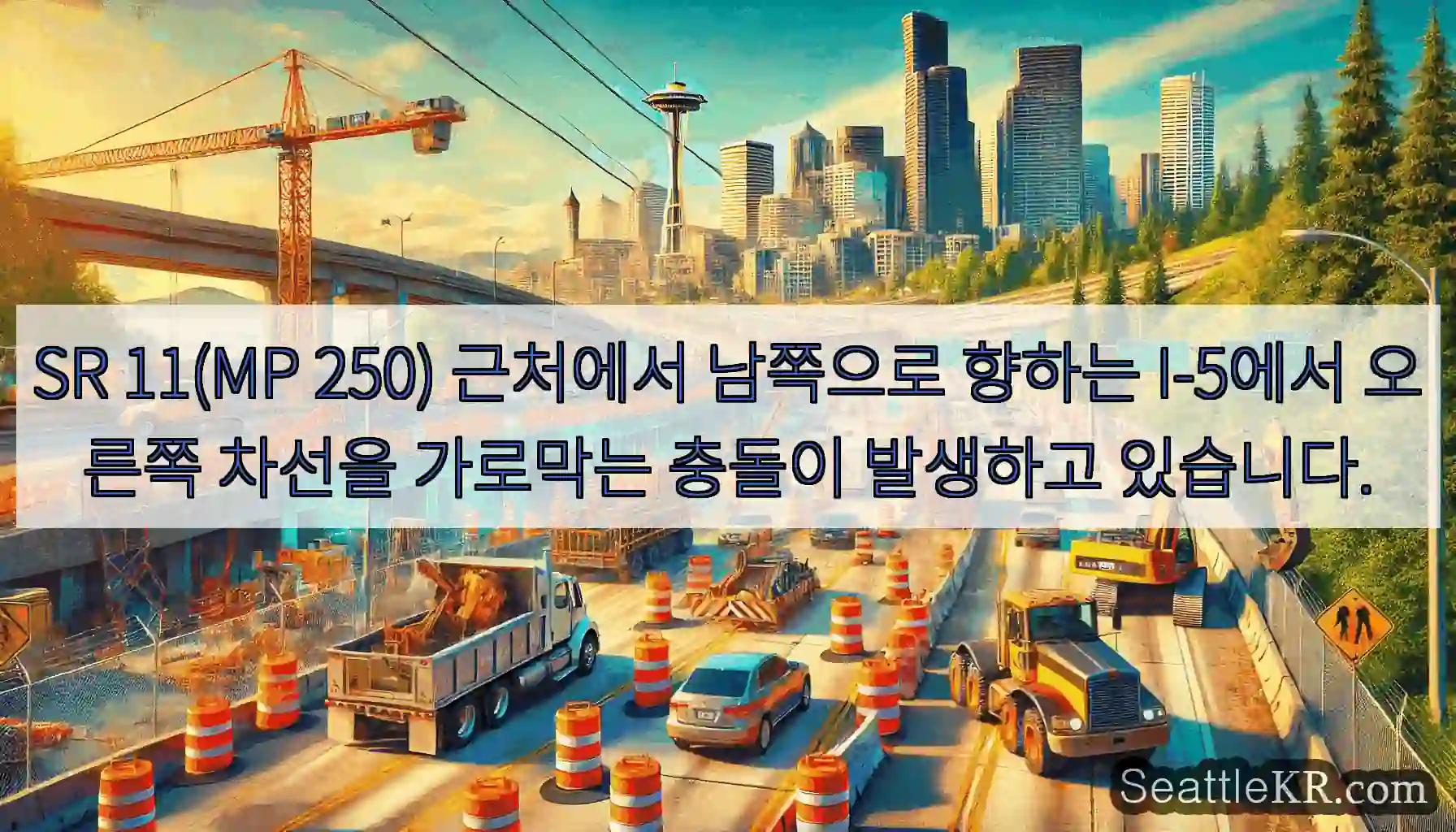 SR 11(MP 250) 근처에서 남쪽으로 향하는 I-5에서 오른쪽 차선을 가로막는