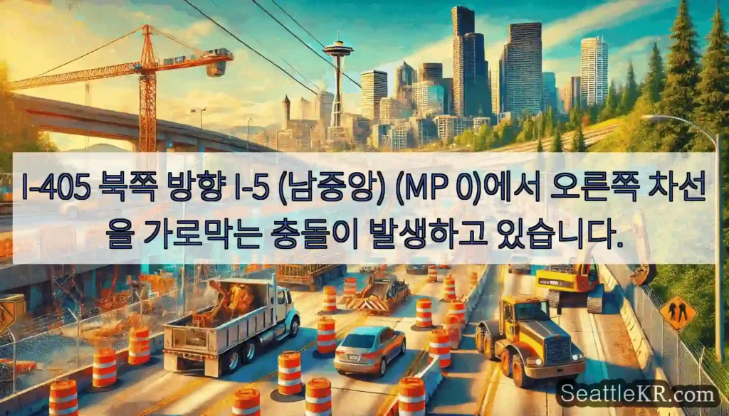 I-405 북쪽 방향 I-5 (남중앙) (MP 0)에서 오른쪽 차선을 가로막는 충돌이
