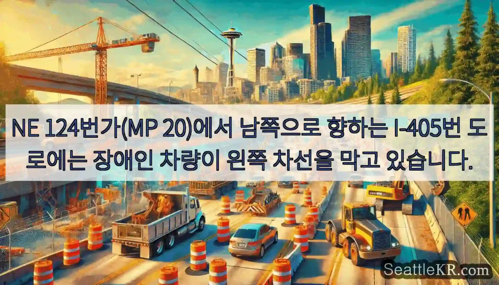 NE 124번가(MP 20)에서 남쪽으로 향하는 I-405번 도로에는 장애인 차량이 왼쪽