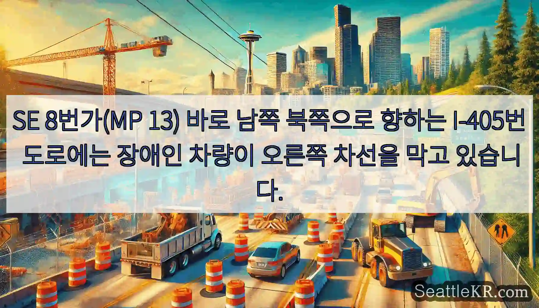 SE 8번가(MP 13) 바로 남쪽 북쪽으로 향하는 I-405번 도로에는 장애인 차량이