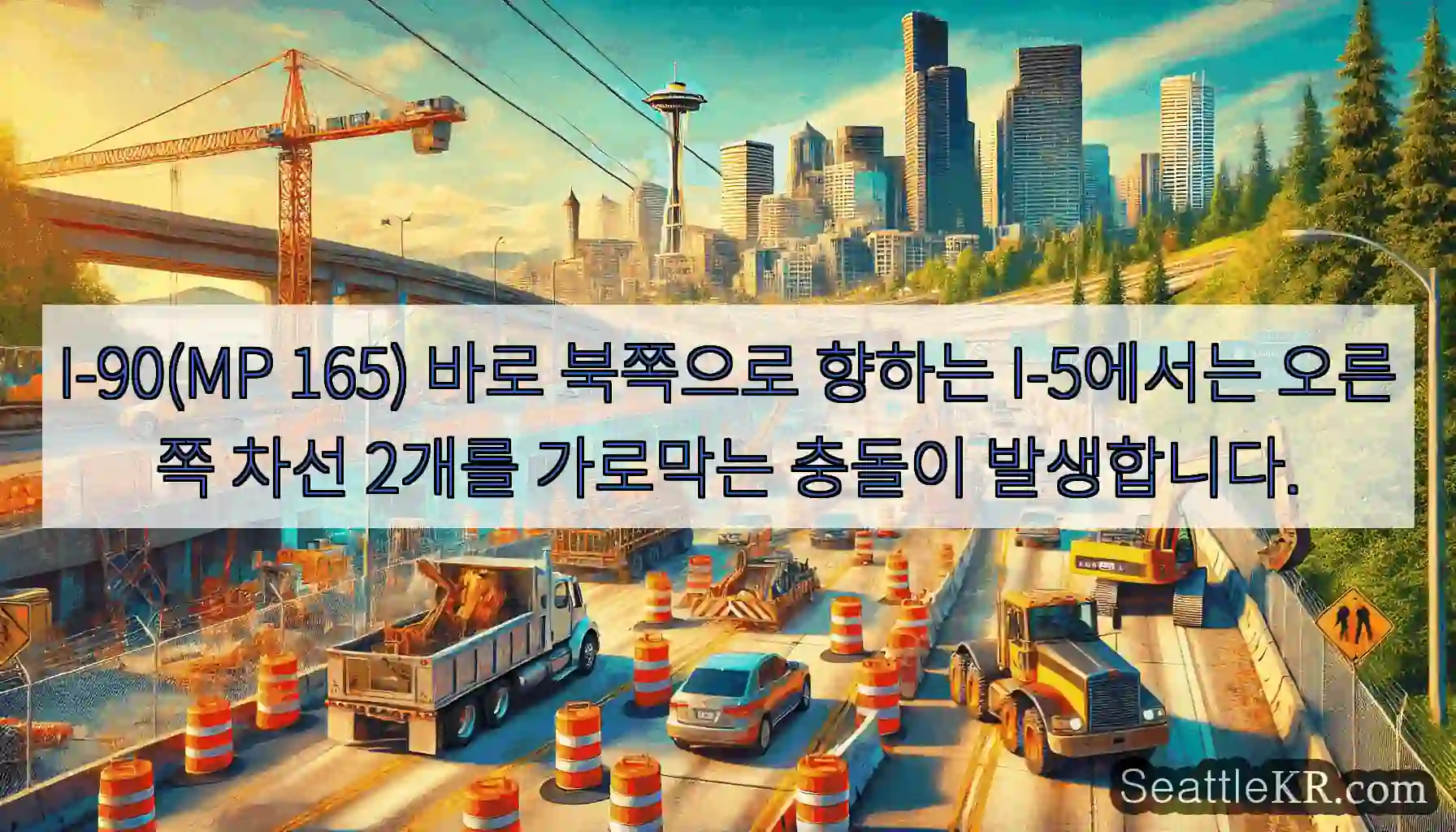 I-90(MP 165) 바로 북쪽으로 향하는 I-5에서는 오른쪽 차선 2개를 가로막는