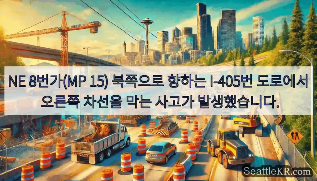 NE 8번가(MP 15) 북쪽으로 향하는 I-405번 도로에서 오른쪽 차선을 막는 사고가