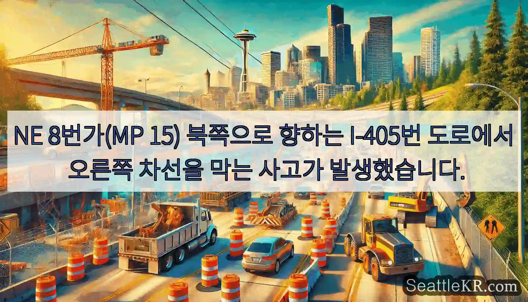 NE 8번가(MP 15) 북쪽으로 향하는 I-405번 도로에서 오른쪽 차선을 막는 사고가