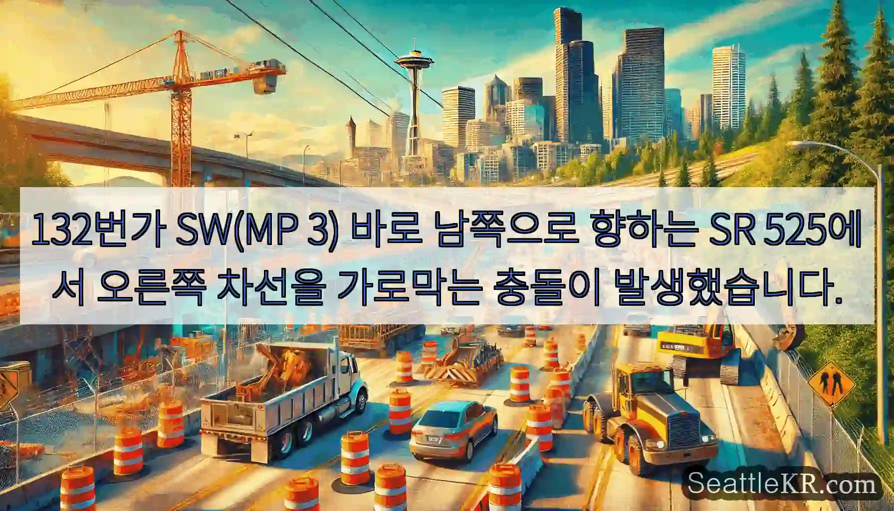 132번가 SW(MP 3) 바로 남쪽으로 향하는 SR 525에서 오른쪽 차선을 가로막는