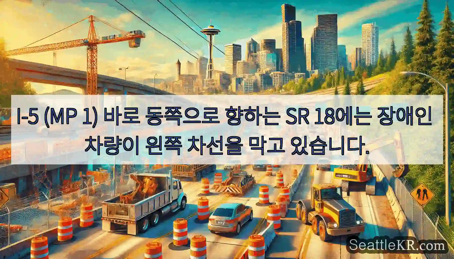 I-5 (MP 1) 바로 동쪽으로 향하는 SR 18에는 장애인 차량이 왼쪽 차선을 막고