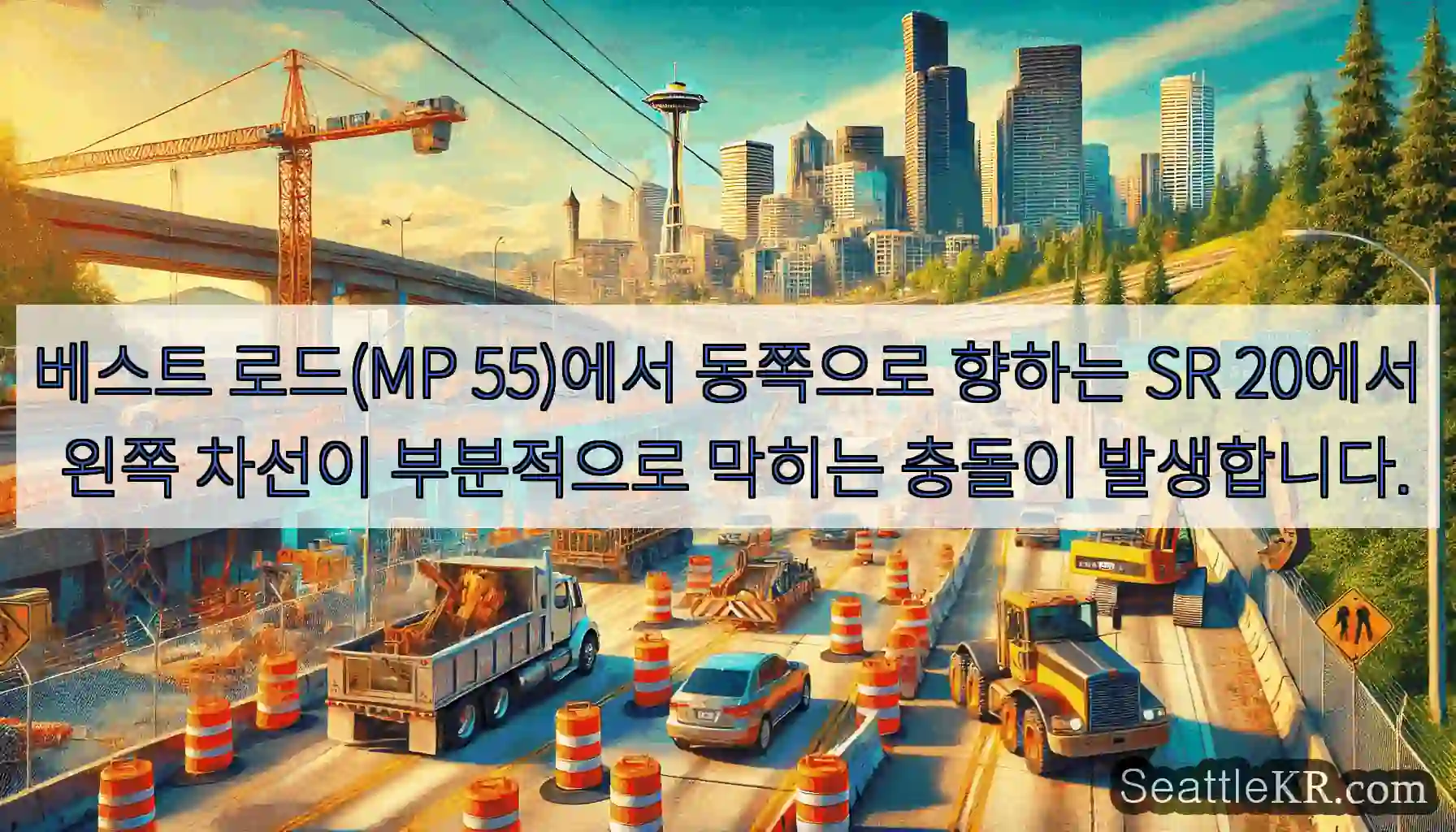 베스트 로드(MP 55)에서 동쪽으로 향하는 SR 20에서 왼쪽 차선이 부분적으로 막히는