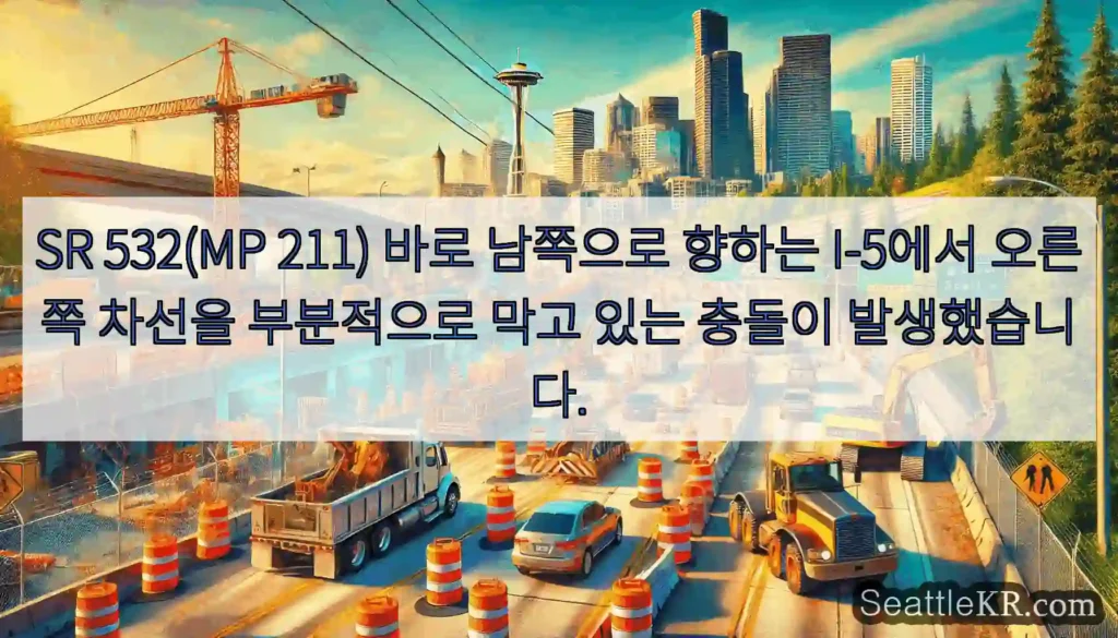 SR 532(MP 211) 바로 남쪽으로 향하는 I-5에서 오른쪽 차선을 부분적으로 막고
