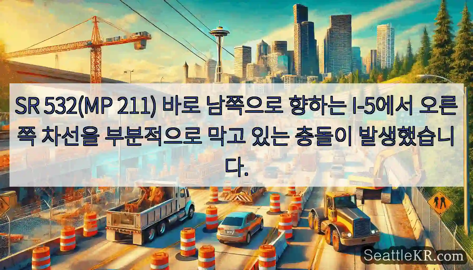 SR 532(MP 211) 바로 남쪽으로 향하는 I-5에서 오른쪽 차선을 부분적으로 막고