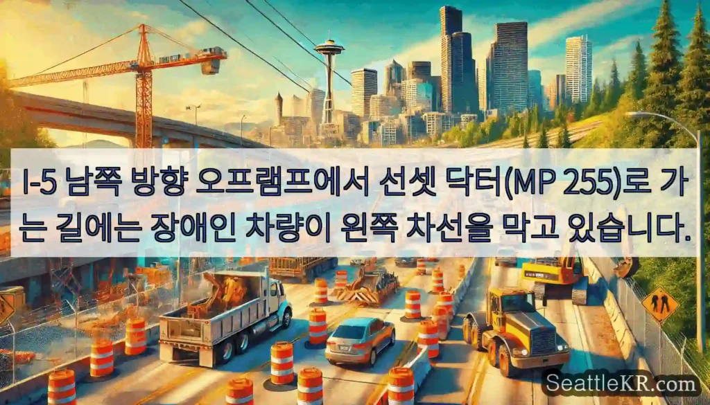 I-5 남쪽 방향 오프램프에서 선셋 닥터(MP 255)로 가는 길에는 장애인 차량이 왼쪽