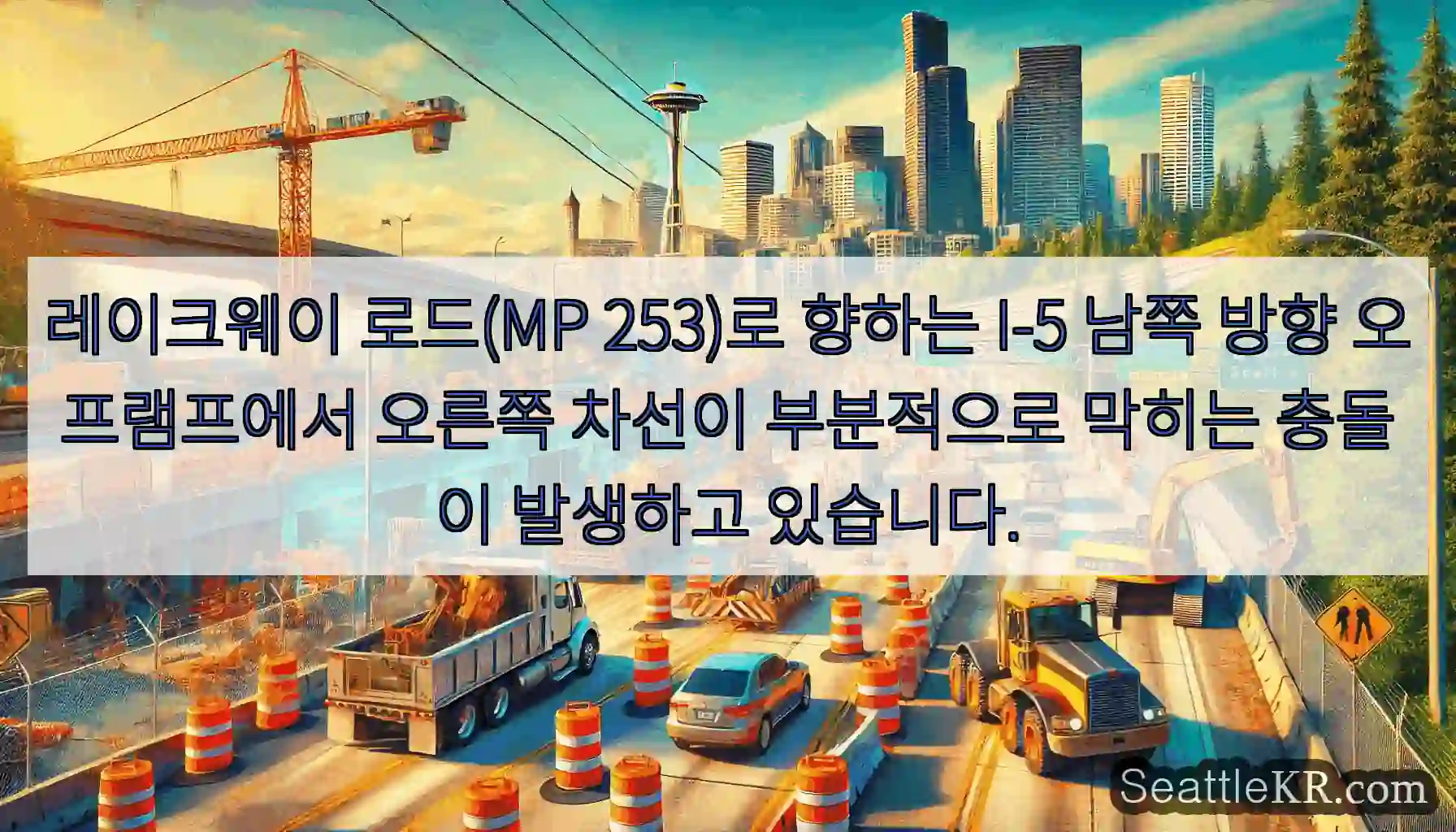 레이크웨이 로드(MP 253)로 향하는 I-5 남쪽 방향 오프램프에서 오른쪽 차선이