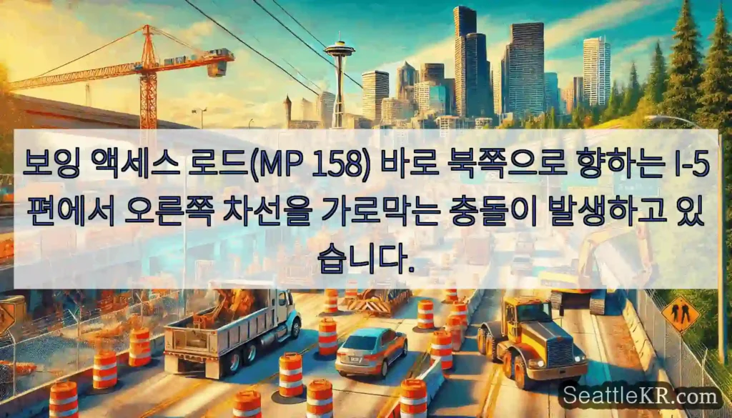 보잉 액세스 로드(MP 158) 바로 북쪽으로 향하는 I-5편에서 오른쪽 차선을 가로막는