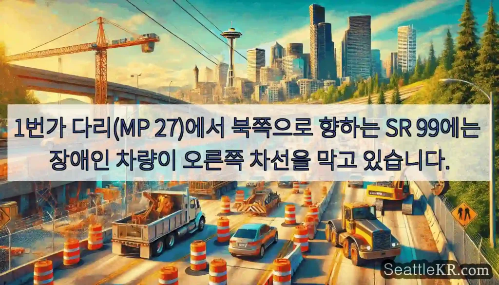1번가 다리(MP 27)에서 북쪽으로 향하는 SR 99에는 장애인 차량이 오른쪽 차선을