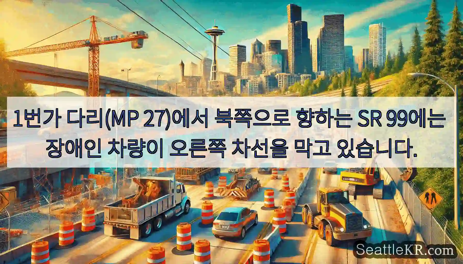 1번가 다리(MP 27)에서 북쪽으로 향하는 SR 99에는 장애인 차량이 오른쪽 차선을
