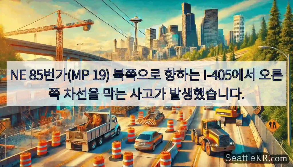 NE 85번가(MP 19) 북쪽으로 향하는 I-405에서 오른쪽 차선을 막는 사고가