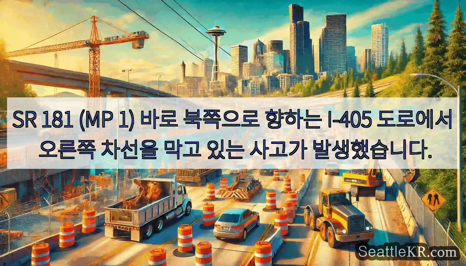 SR 181 (MP 1) 바로 북쪽으로 향하는 I-405 도로에서 오른쪽 차선을 막고
