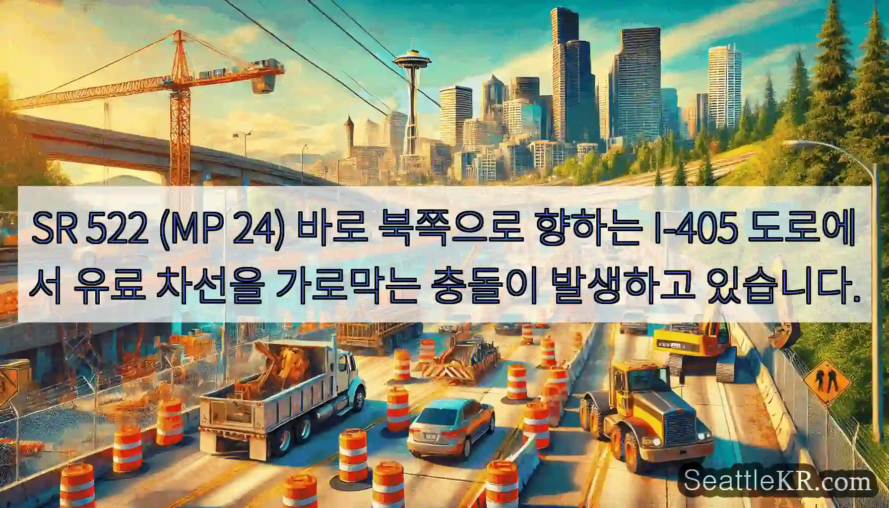 SR 522 (MP 24) 바로 북쪽으로 향하는 I-405 도로에서 유료 차선을 가로막는