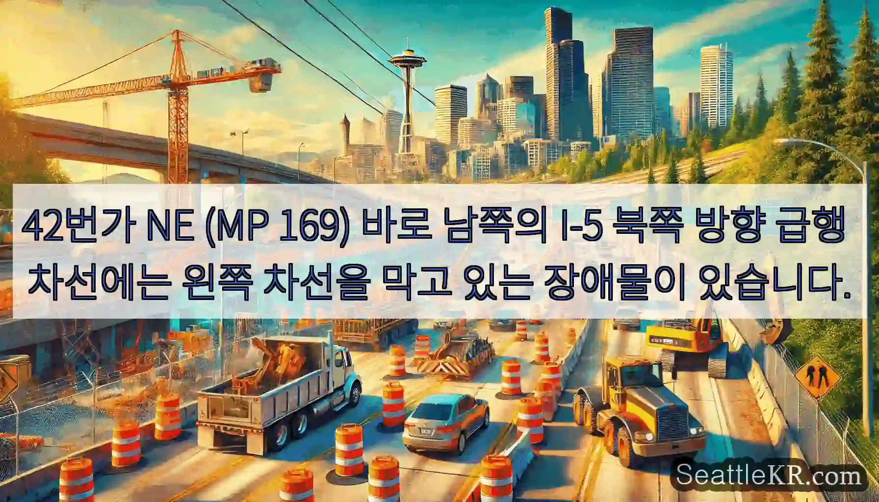 42번가 NE (MP 169) 바로 남쪽의 I-5 북쪽 방향 급행 차선에는 왼쪽 차선을