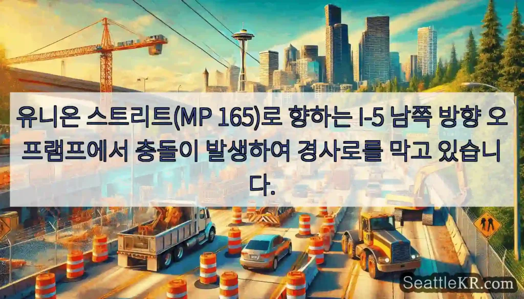 유니온 스트리트(MP 165)로 향하는 I-5 남쪽 방향 오프램프에서 충돌이 발생하여