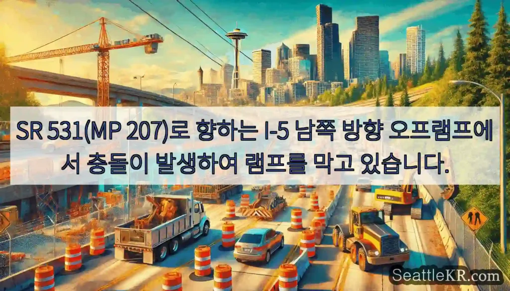 SR 531(MP 207)로 향하는 I-5 남쪽 방향 오프램프에서 충돌이 발생하여 램프를