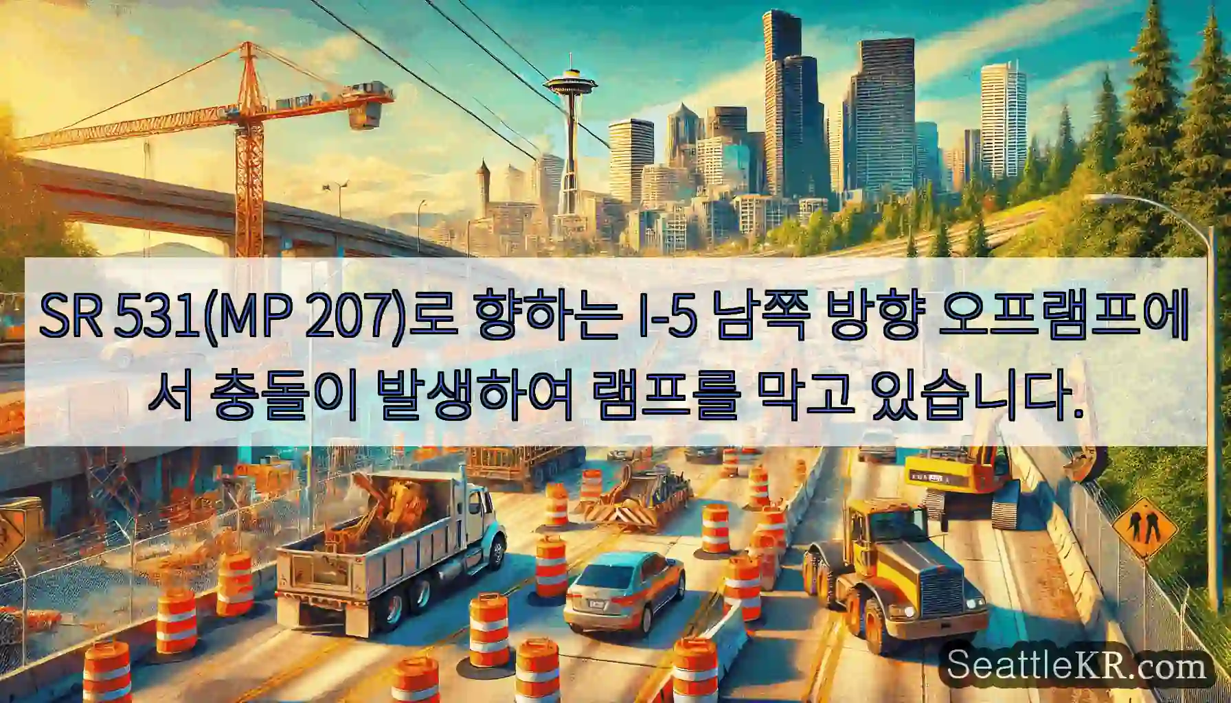 SR 531(MP 207)로 향하는 I-5 남쪽 방향 오프램프에서 충돌이 발생하여 램프를