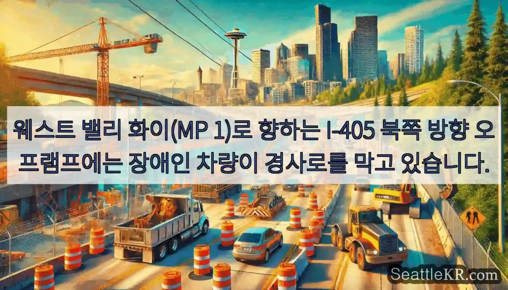 웨스트 밸리 화이(MP 1)로 향하는 I-405 북쪽 방향 오프램프에는 장애인 차량이
