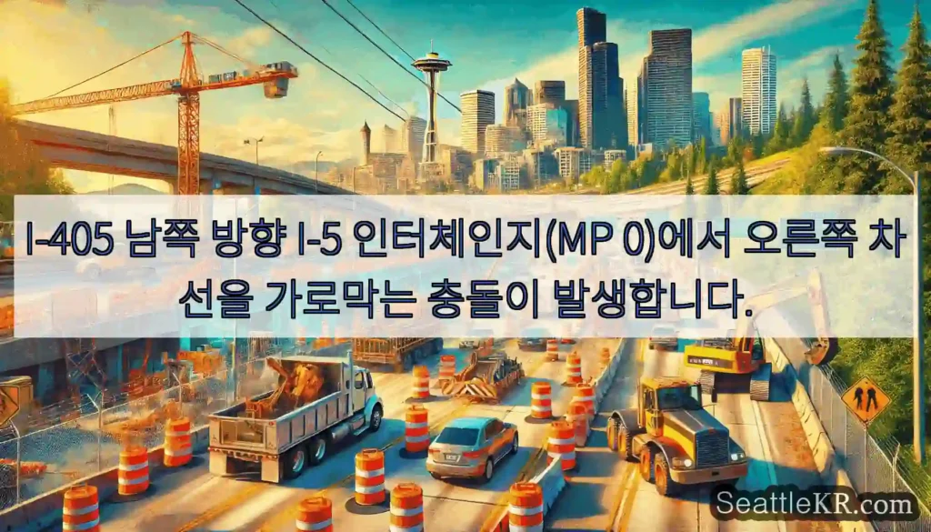 I-405 남쪽 방향 I-5 인터체인지(MP 0)에서 오른쪽 차선을 가로막는 충돌이