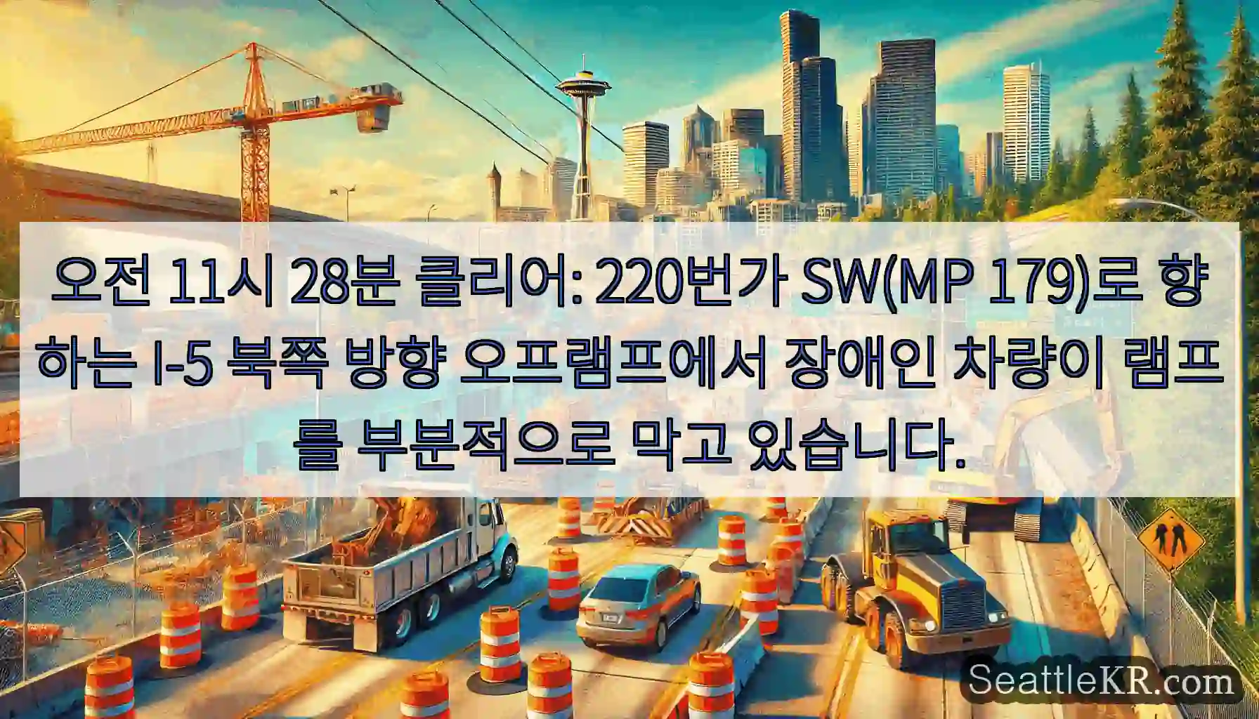 오전 11시 28분 클리어: 220번가 SW(MP 179)로 향하는 I-5 북쪽 방향