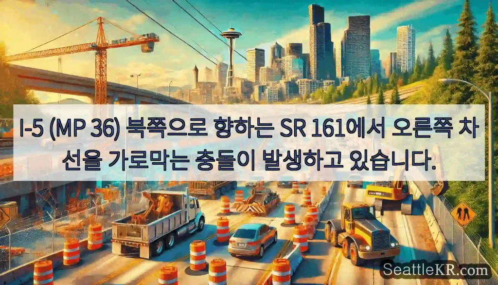 I-5 (MP 36) 북쪽으로 향하는 SR 161에서 오른쪽 차선을 가로막는 충돌이