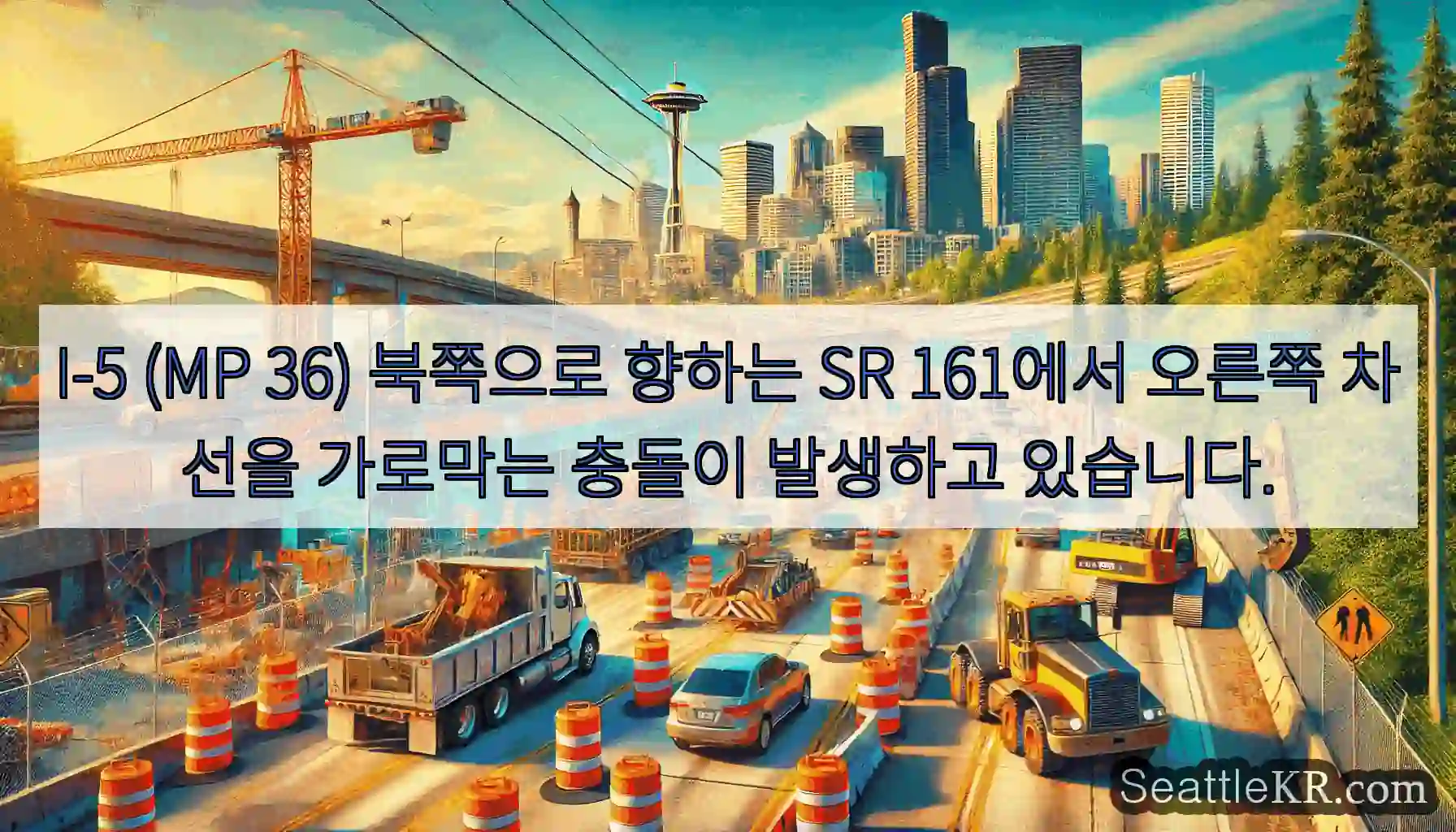 I-5 (MP 36) 북쪽으로 향하는 SR 161에서 오른쪽 차선을 가로막는 충돌이