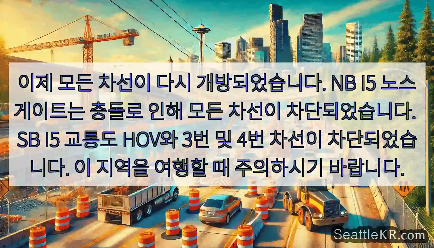 이제 모든 차선이 다시 개방되었습니다. NB I5 노스게이트는 충돌로 인해 모든 차선이