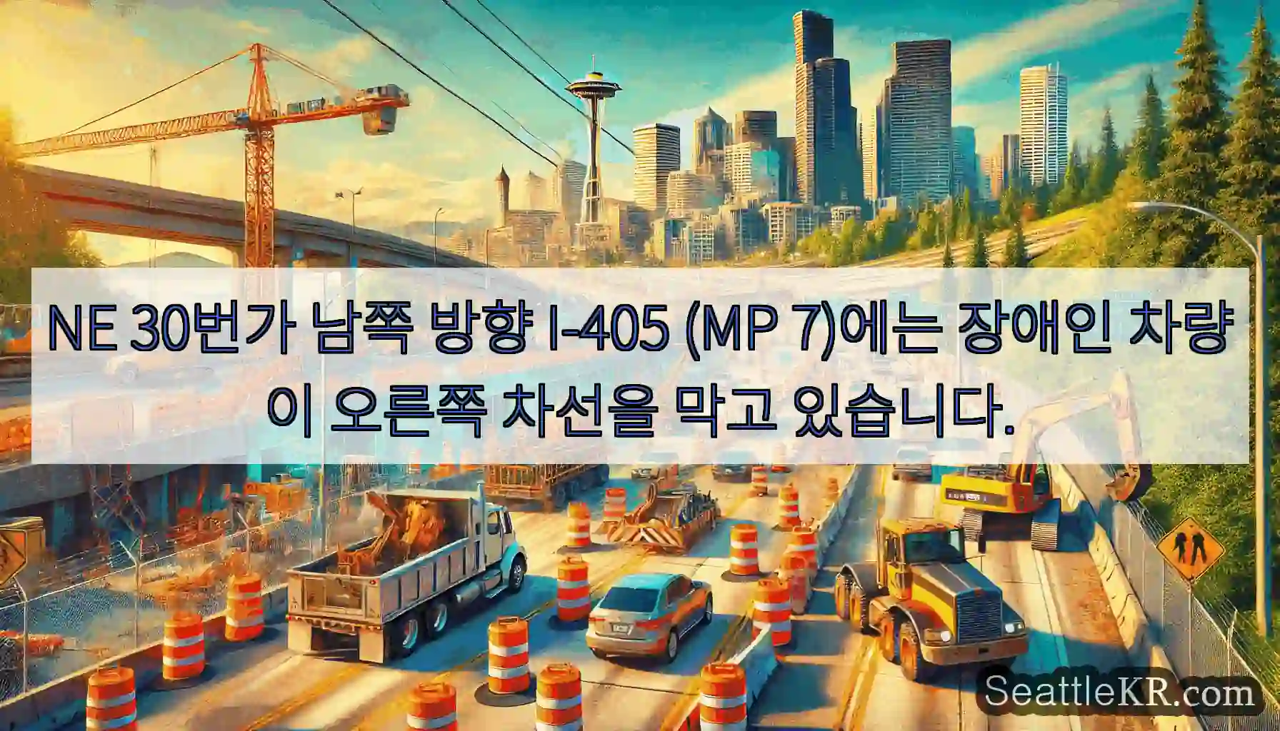 NE 30번가 남쪽 방향 I-405 (MP 7)에는 장애인 차량이 오른쪽 차선을 막고