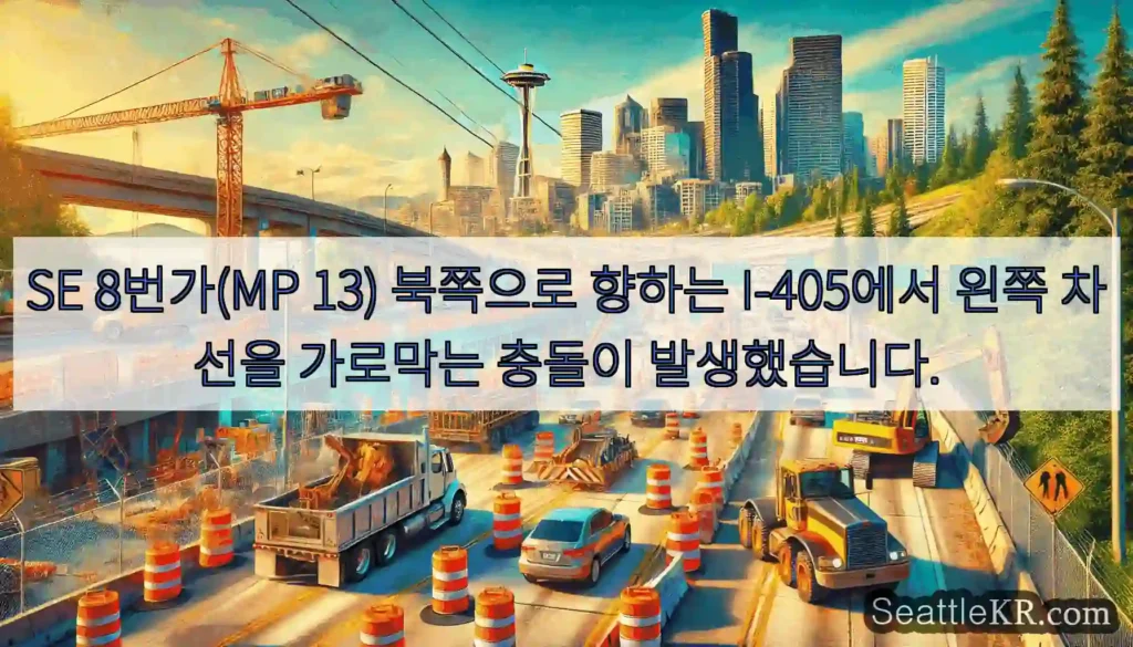 SE 8번가(MP 13) 북쪽으로 향하는 I-405에서 왼쪽 차선을 가로막는 충돌이