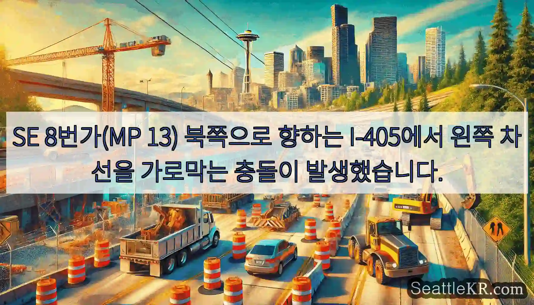 SE 8번가(MP 13) 북쪽으로 향하는 I-405에서 왼쪽 차선을 가로막는 충돌이