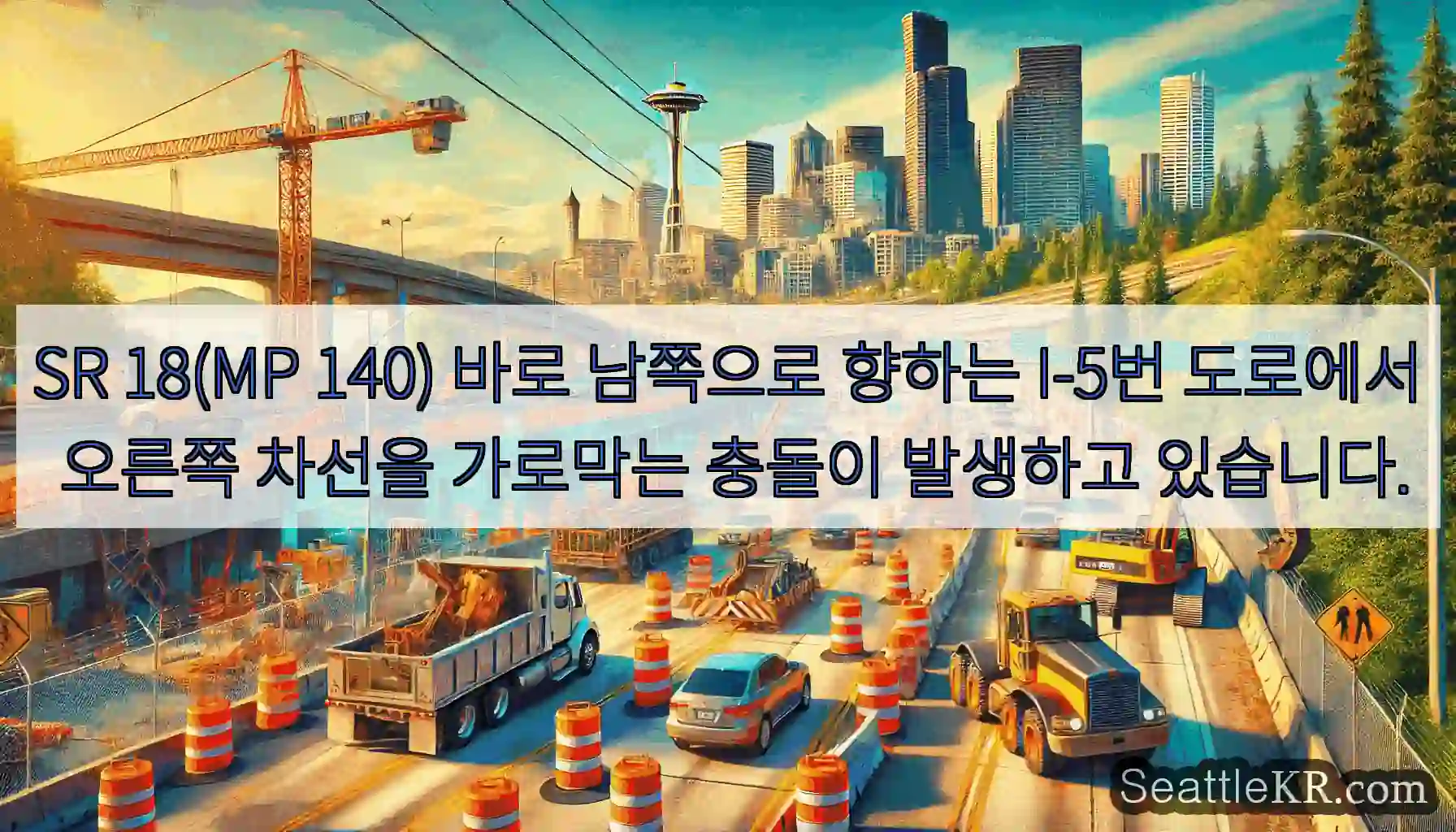 SR 18(MP 140) 바로 남쪽으로 향하는 I-5번 도로에서 오른쪽 차선을 가로막는