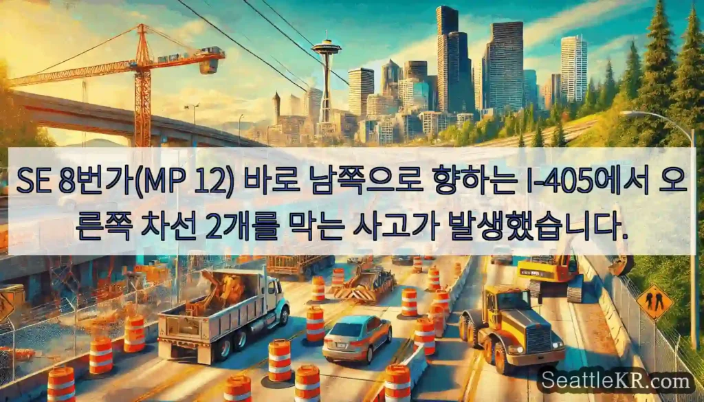 SE 8번가(MP 12) 바로 남쪽으로 향하는 I-405에서 오른쪽 차선 2개를 막는