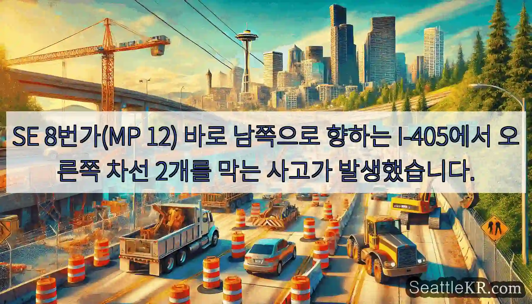 SE 8번가(MP 12) 바로 남쪽으로 향하는 I-405에서 오른쪽 차선 2개를 막는