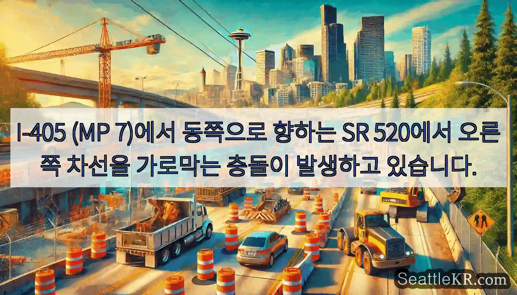 I-405 (MP 7)에서 동쪽으로 향하는 SR 520에서 오른쪽 차선을 가로막는 충돌이